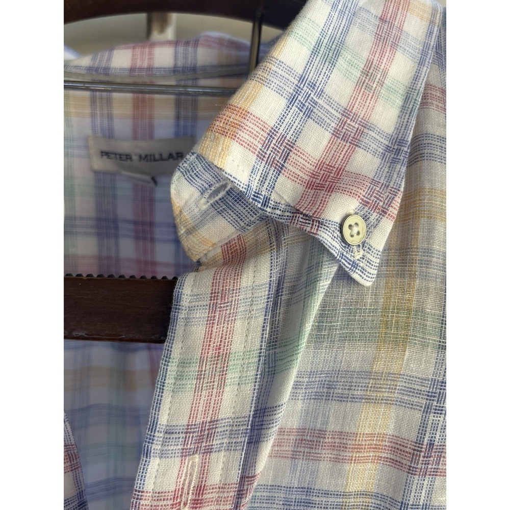 Peter Millar XXL Crown Sport 100% Linen Hammer Mock Plaid Sport Shirt Pastel - Picture 5 of 7